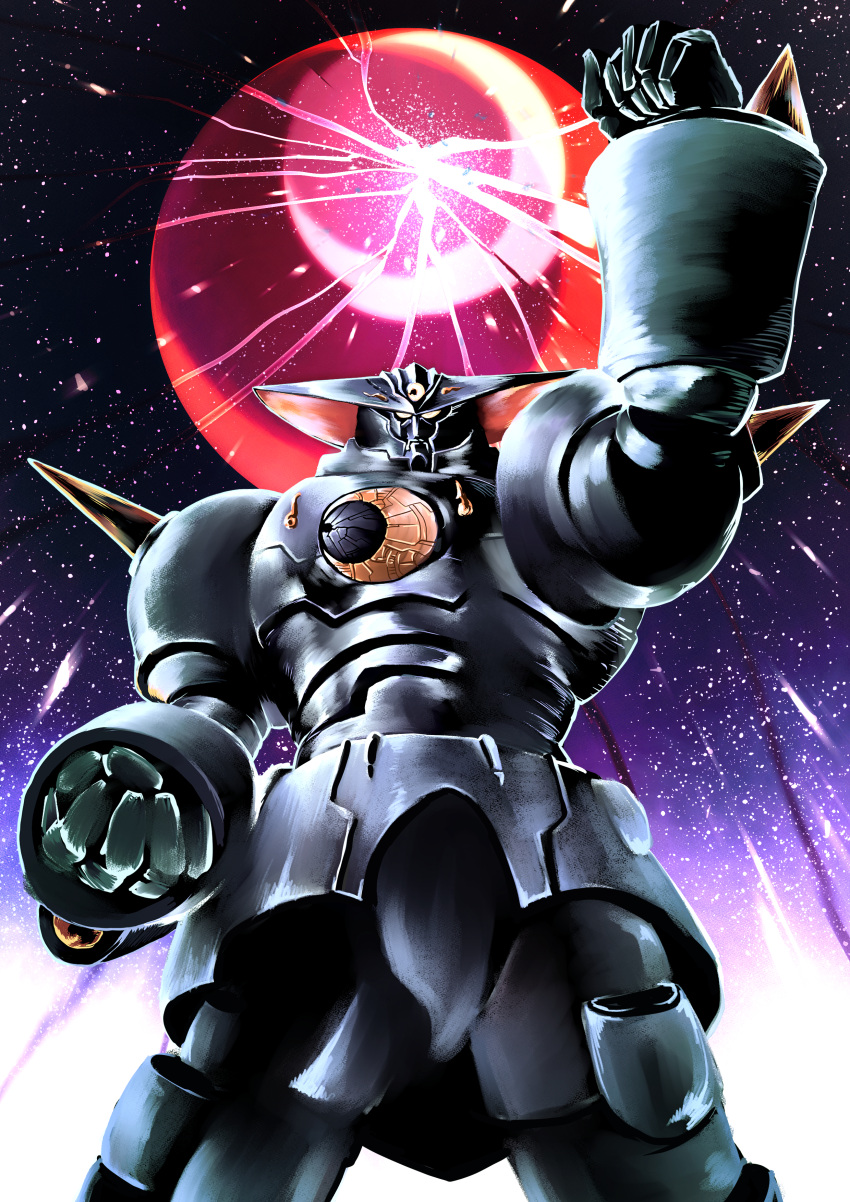 absurdres, arm_up, clenched_hand, crescent, facing_viewer, highres, mikazuki_zero, moon