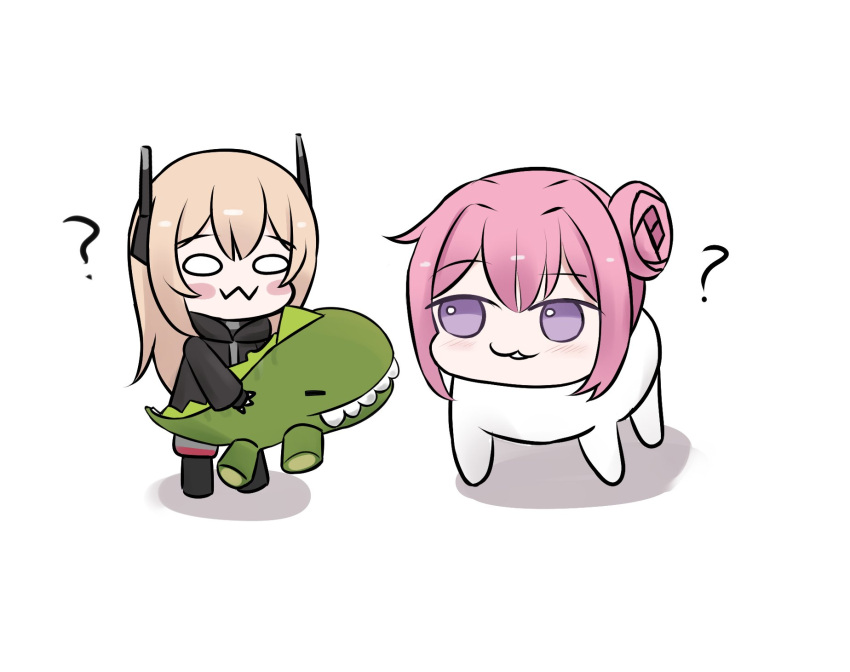 0w0, 2girls, :3, ?, black_jacket, blonde_hair, blush, blush_stickers