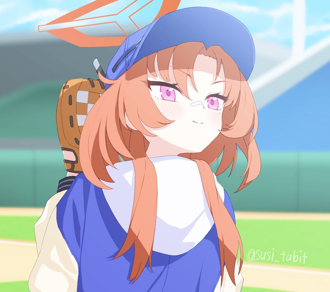 180_head_turn, 1girl, bandaid, bandaid_on_face, bandaid_on_nose, baseball_cap, baseball_mitt, blue_archive, blue_hat, day, halo, hat, hood, hood_down, hooded_jacket, jacket, long_hair, long_sleeves, mole, mole_under_eye, orange_hair, orange_halo, rei_(blue_archive), solo, susi_tabit, upper_body, violet_eyes