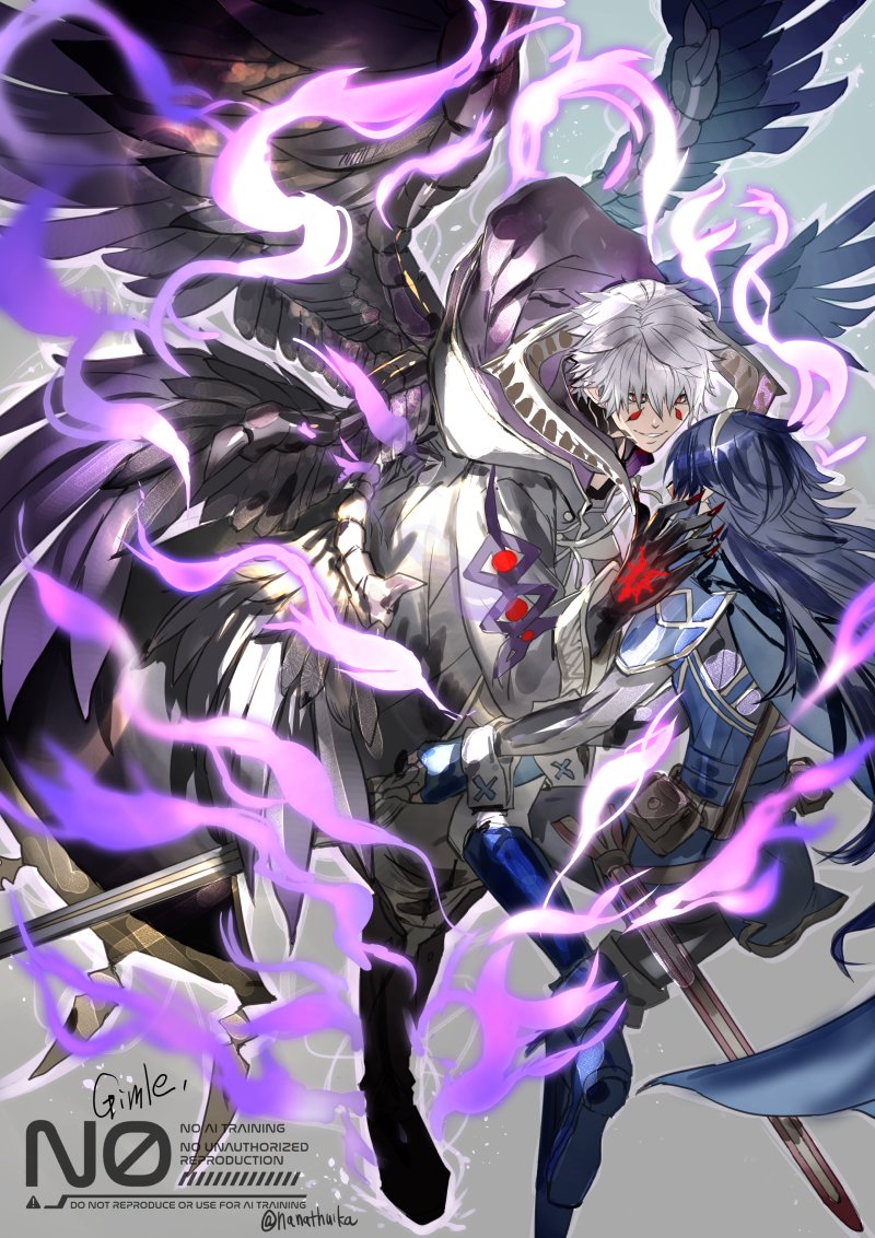 1boy, 1girl, aura, black_wings, blue_hair, coat, dark_aura, dark_persona