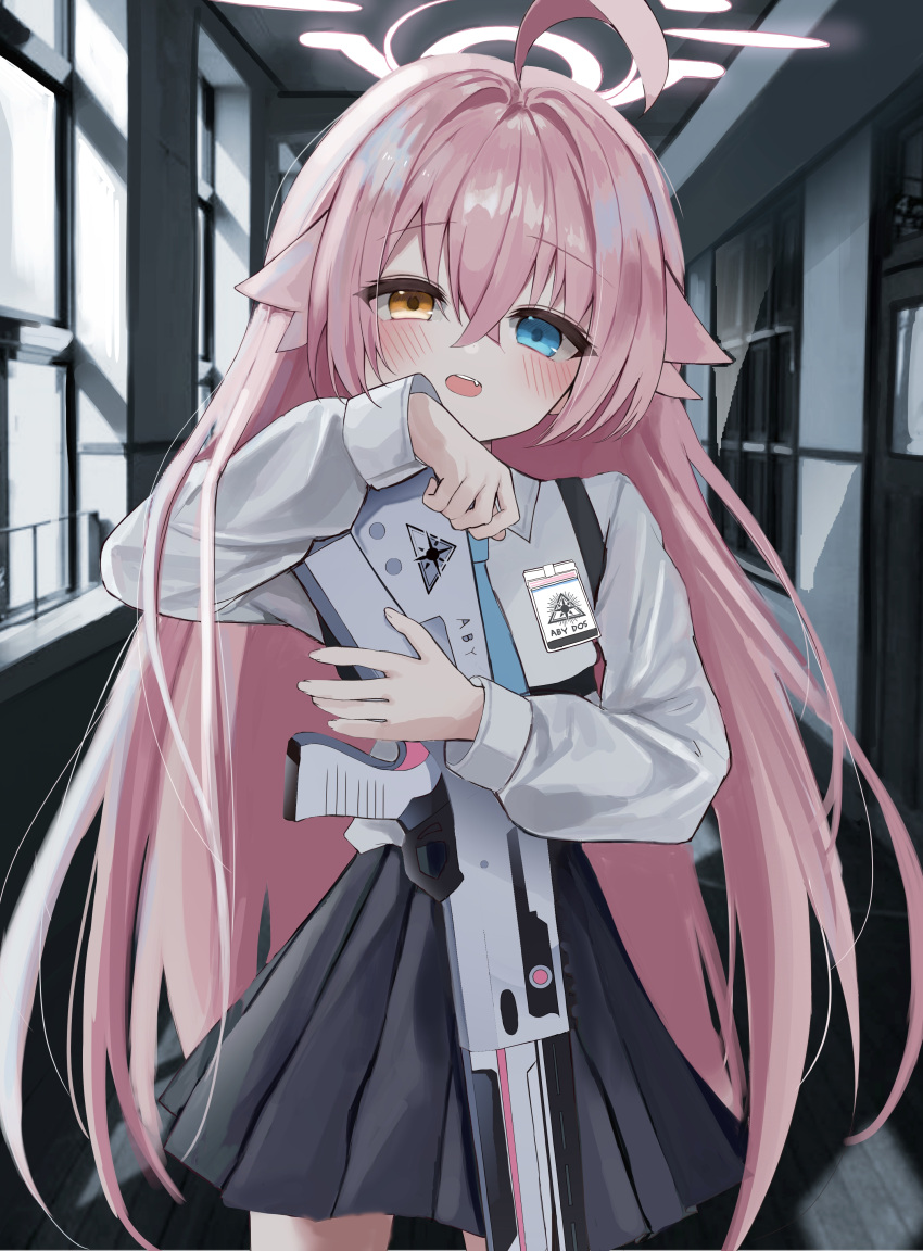 1girl, absurdres, ahoge, black_skirt, blue_archive, blue_eyes, blush, chii_(k_ung), collared_shirt, cowboy_shot, hair_between_eyes, halo, highres, holding, hoshino_(blue_archive), indoors, long_hair, long_sleeves, looking_at_viewer, necktie, open_mouth, pink_hair, pleated_skirt, shirt, skirt, sleeves_past_wrists, solo, standing, unfinished, very_long_hair, white_shirt, window, yellow_eyes