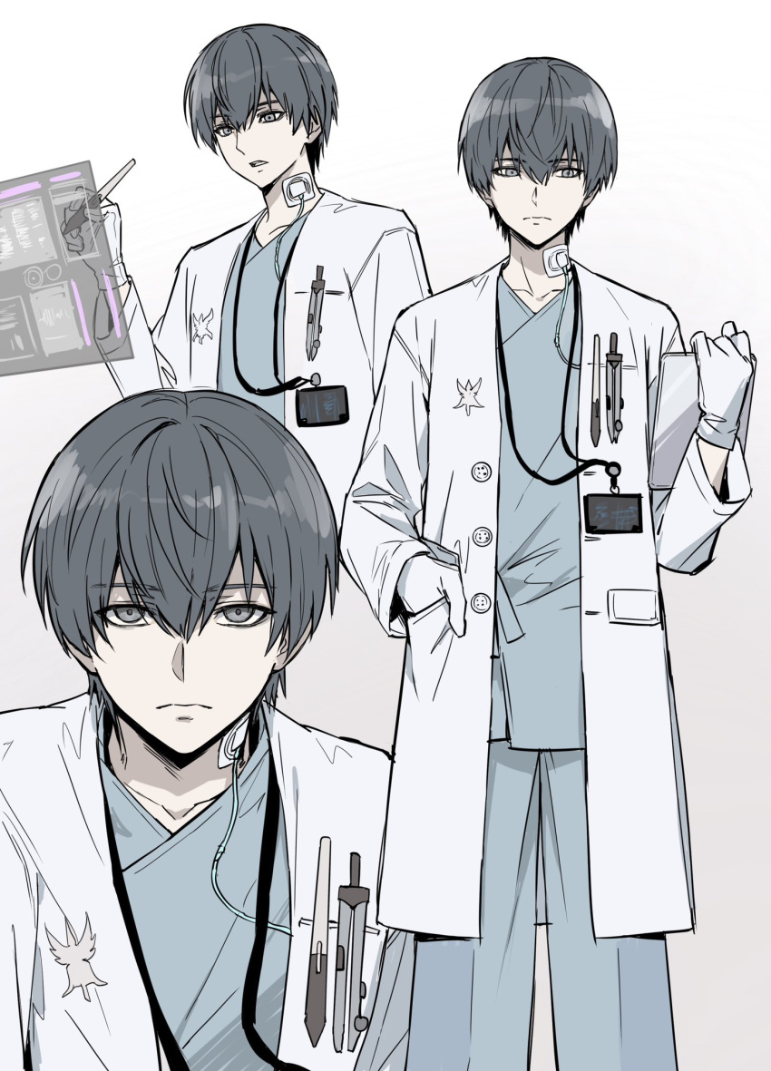 1boy, calyx_(ff14), coat, commentary, final_fantasy, final_fantasy_xiv, frown, gloves, grey_eyes, grey_hair, hashtag-only_commentary, highres, holographic_monitor, hospital_gown, lab_coat, looking_at_object, looking_at_viewer, looking_to_the_side, male_focus, mbomb, multiple_views, simple_background, stylus, white_background, white_coat, white_gloves