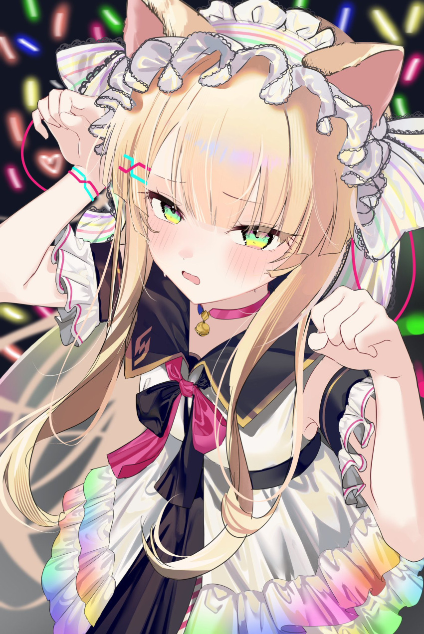 1girl, animal_ears, bell, bemani, blonde_hair, blush, bow, bracelet