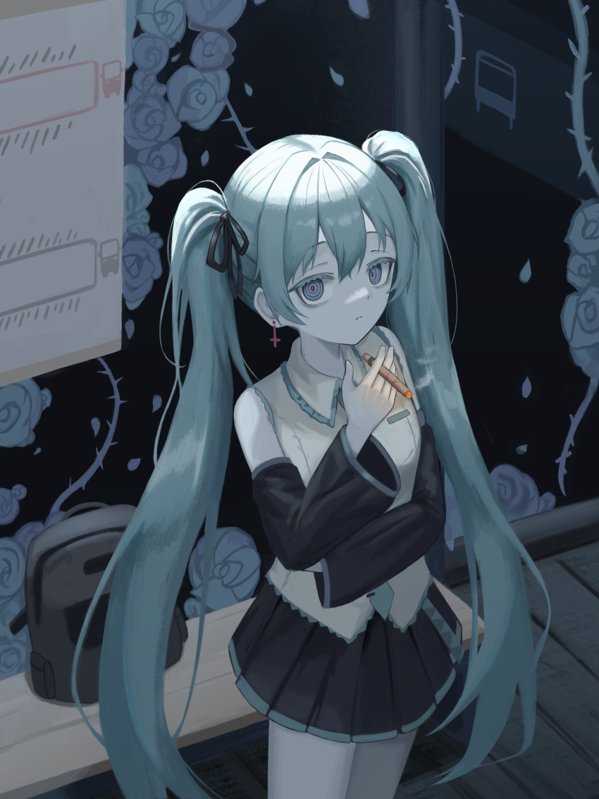 1girl, absurdres, aqua_hair, aqua_necktie, arm_across_waist, backpack, bag, bench