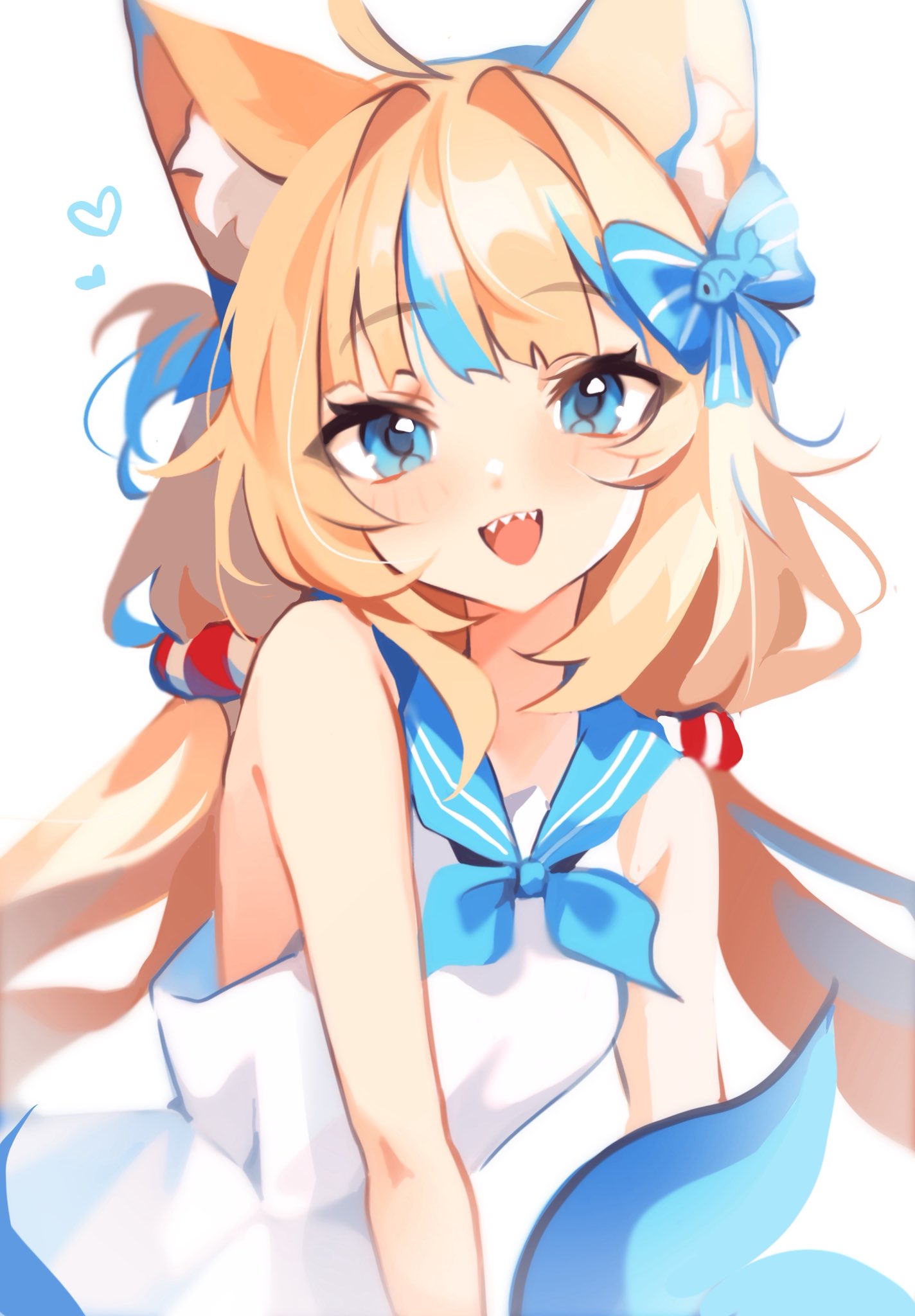 1girl, :d, ahoge, animal_ear_fluff, animal_ears, bare_arms, blonde_hair, blue_eyes
