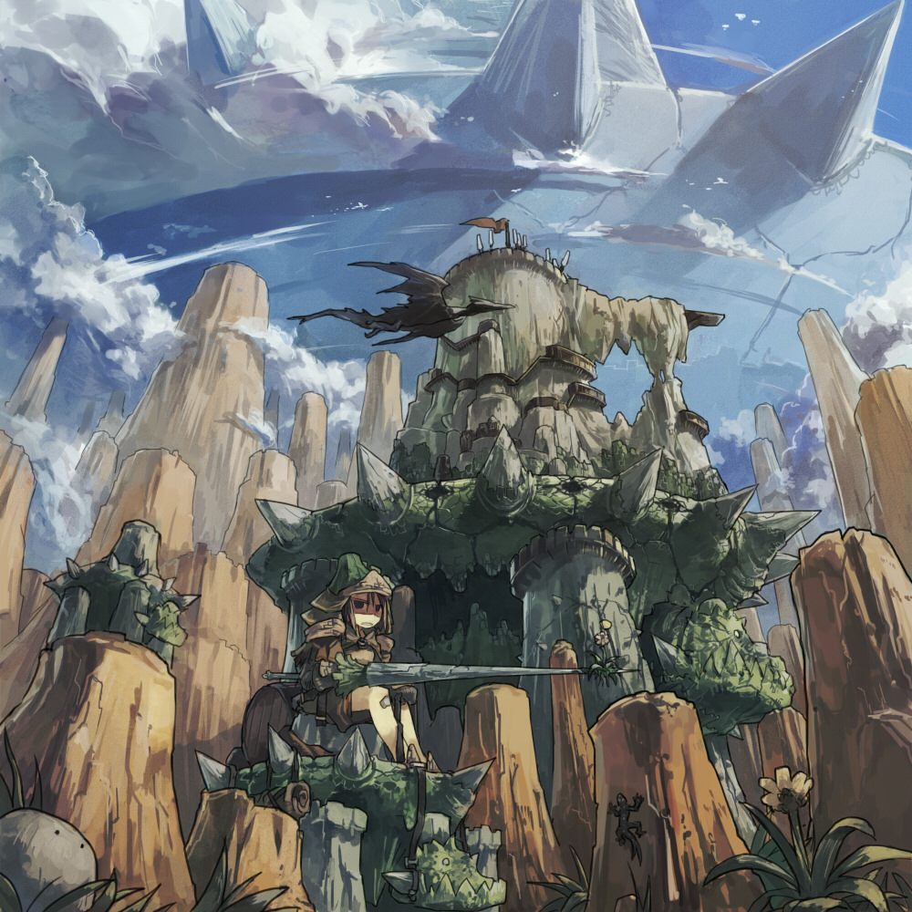 fantasy, flag, flower, highres, lance, pixiv_fantasia, pixiv_fantasia_5, polearm