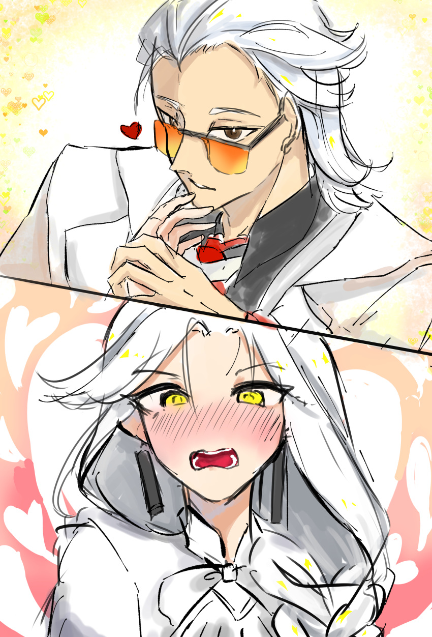 1boy, 1girl, absurdres, blush, couple, ear_blush, earrings, glasses