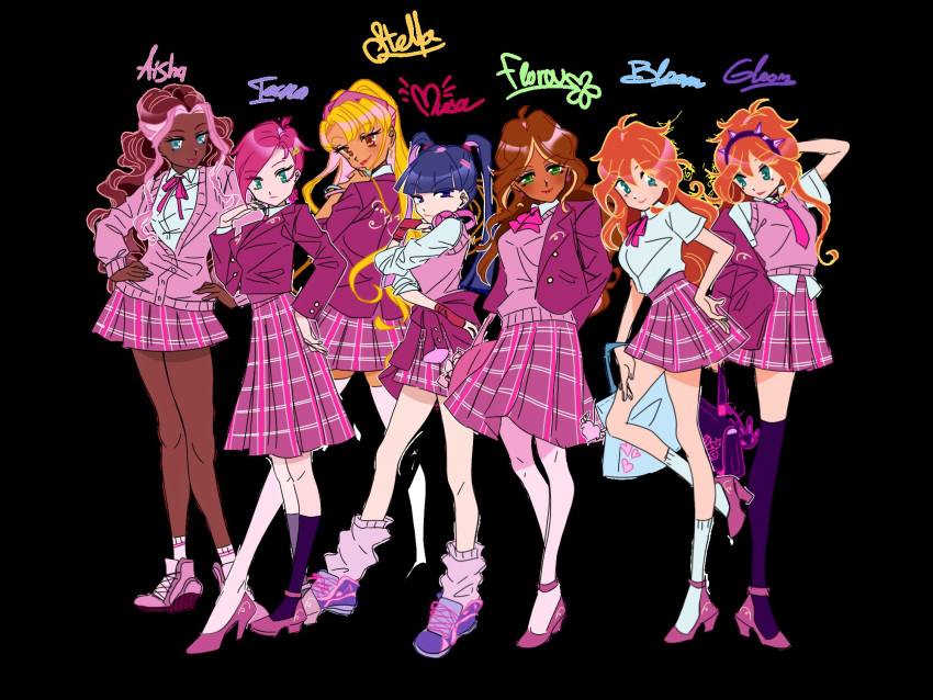 ahoge, aisha_(winx_club), alternate_costume, ankle_socks, aqua_eyes, arm_behind_head, arms_behind_back, asian