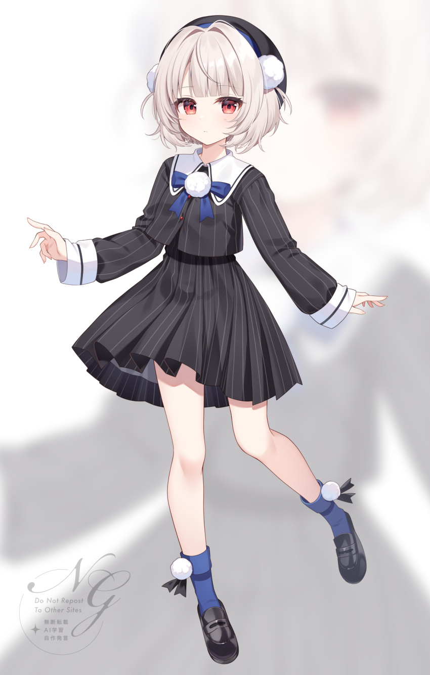 1girl, absurdres, black_hat, black_jacket, black_shoes, black_skirt, blue_bow, blue_socks