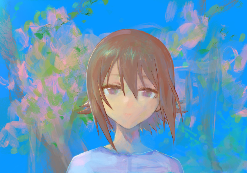 1girl, brown_eyes, brown_hair, buttons, casual, closed_mouth, girls_und_panzer, highres