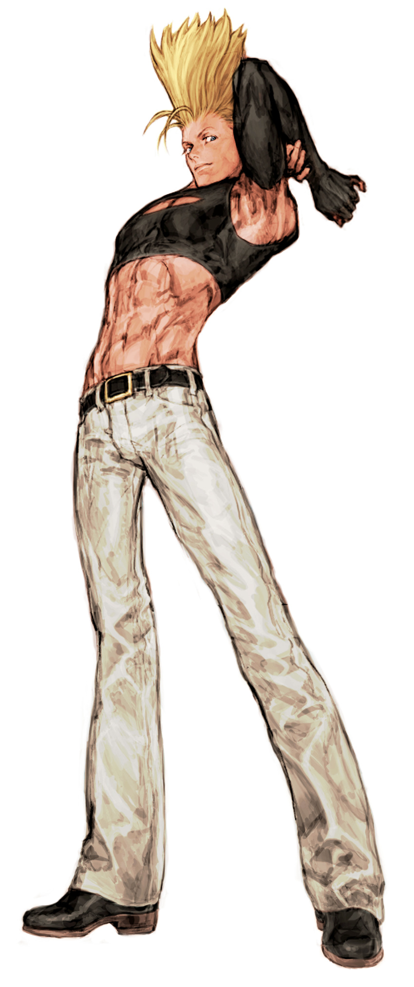 1boy, abs, absurdres, arms_up, belt, blonde_hair, blue_eyes, capcom_vs_snk_2