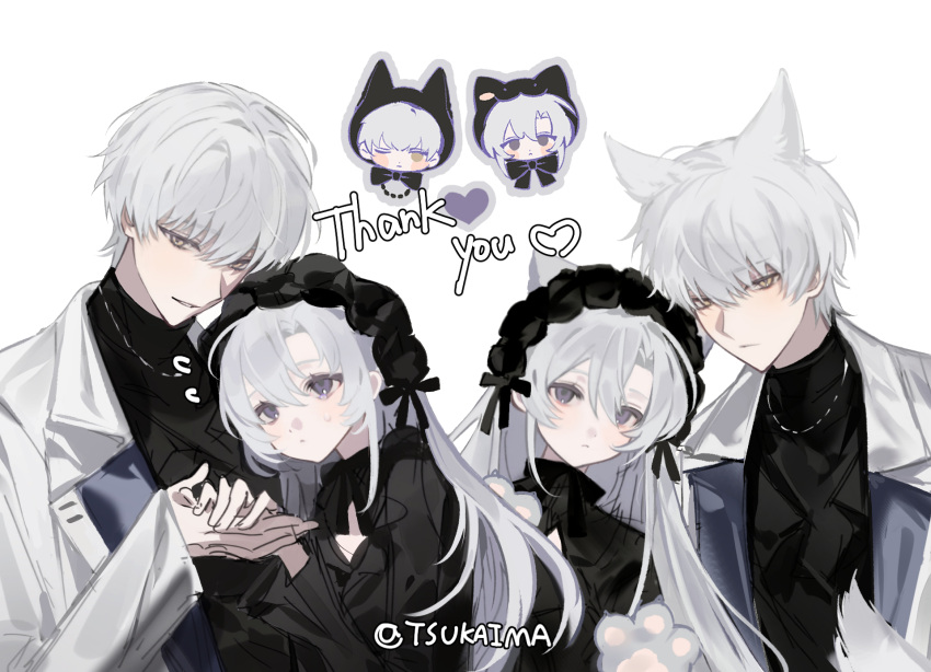 1boy, 1girl, 2boys, 2girls, animal_ears, black_dress, black_hairband, black_shirt