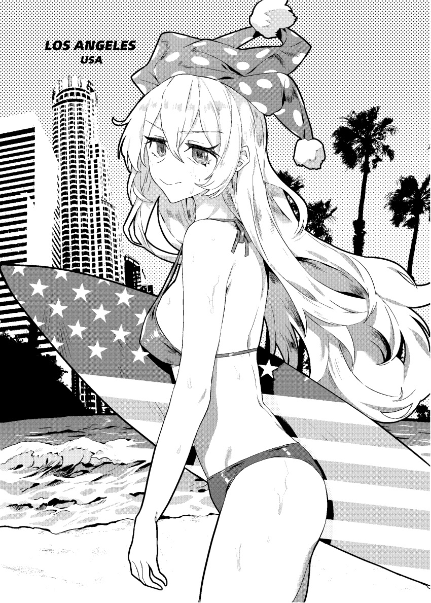 1girl, absurdres, american_flag, american_flag_print, beach, bikini, breasts, closed_mouth