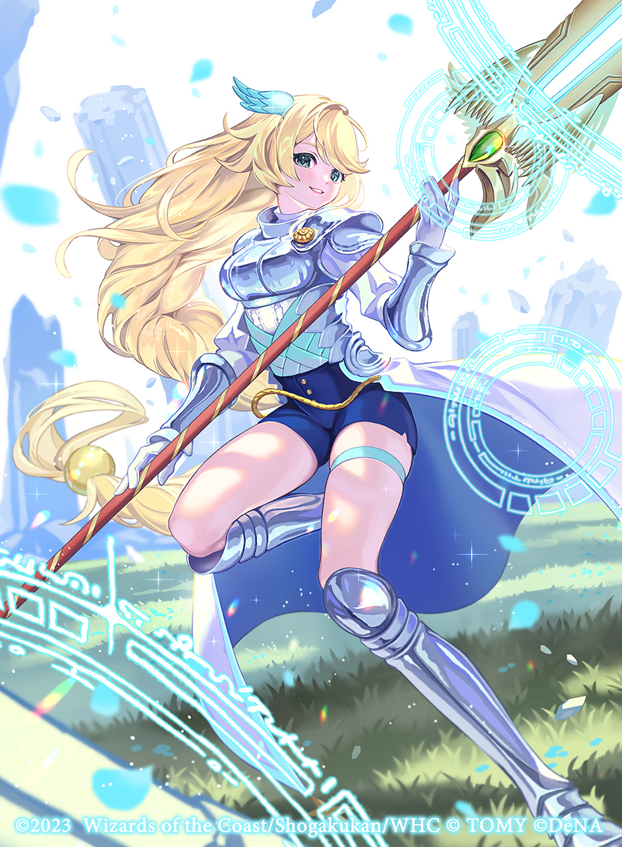 1girl, aqua_eyes, arm_armor, armor, armored_boots, armored_dress, bike_shorts, blonde_hair