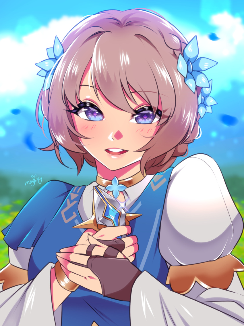 1girl, black_bridal_gauntlets, blue_flower, blue_sky, blurry, blurry_background, bracelet, bridal_gauntlets