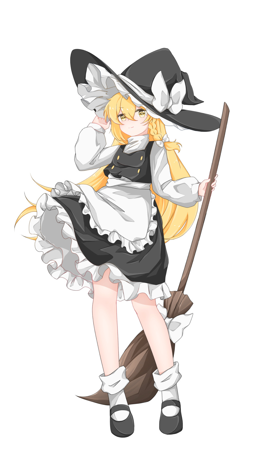 1girl, absurdres, apron, black_hat, black_shoes, black_vest, blonde_hair, bow, braid, broom, buttons, chinese_commentary, closed_mouth, commentary_request, double-breasted, frilled_apron, frilled_skirt, frills, full_body, hair_between_eyes, hair_bow, hand_on_headwear, hat, hat_bow, hat_ribbon, highres, holding, holding_broom, kirisame_marisa, lack_skirt, long_hair, long_sleeves, looking_at_viewer, mary_janes, puffy_long_sleeves, puffy_sleeves, ribbon, shirt, shoes, side_braid, simple_background, skirt, smile, socks, solo, standing, touhou, turtleneck, turtleneck_shirt, very_long_hair, vest, waist_apron, white_apron, white_background, white_bow, white_ribbon, white_shirt, white_socks, witch_hat, wu_yu_wanwan, yellow_eyes