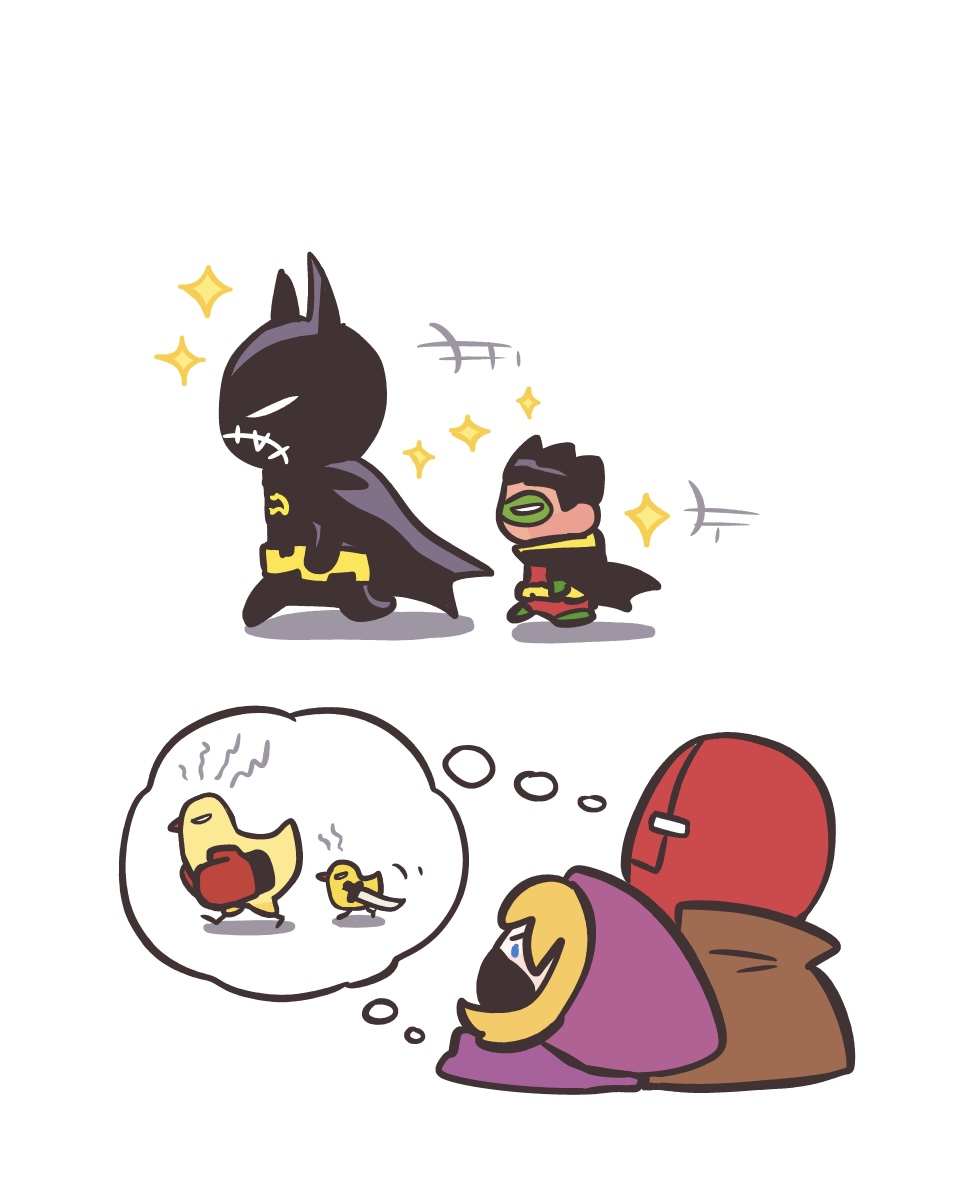2boys, 2girls, animification, baby_animal, batgirl_costume_(2021_cassandra), batman_(series), belt, bird, black_cape, cape, cassandra_cain, chibi, chibi_only, child, cowl, damian_wayne, dc_comics, duck, duckling, following, gozerdor, imitating, multiple_boys, multiple_girls, red_hood_(dc), robin_(dc), simple_background, sparkle, speech_bubble, spoiler_(dc), stephanie_brown, superhero_costume, thought_bubble, utility_belt, watching, white_background, yellow_belt