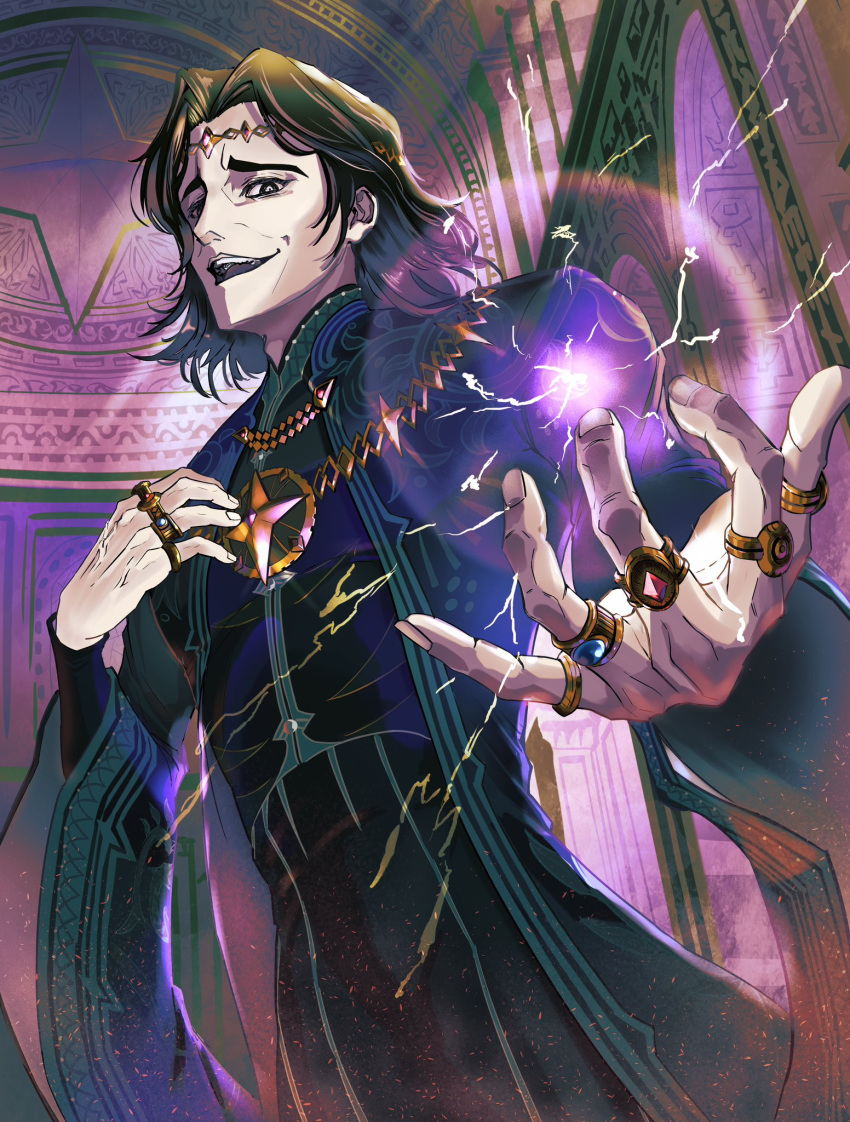 1boy, afk_(series), afk_journey, bags_under_eyes, black_eyes, black_hair, black_robe, circlet