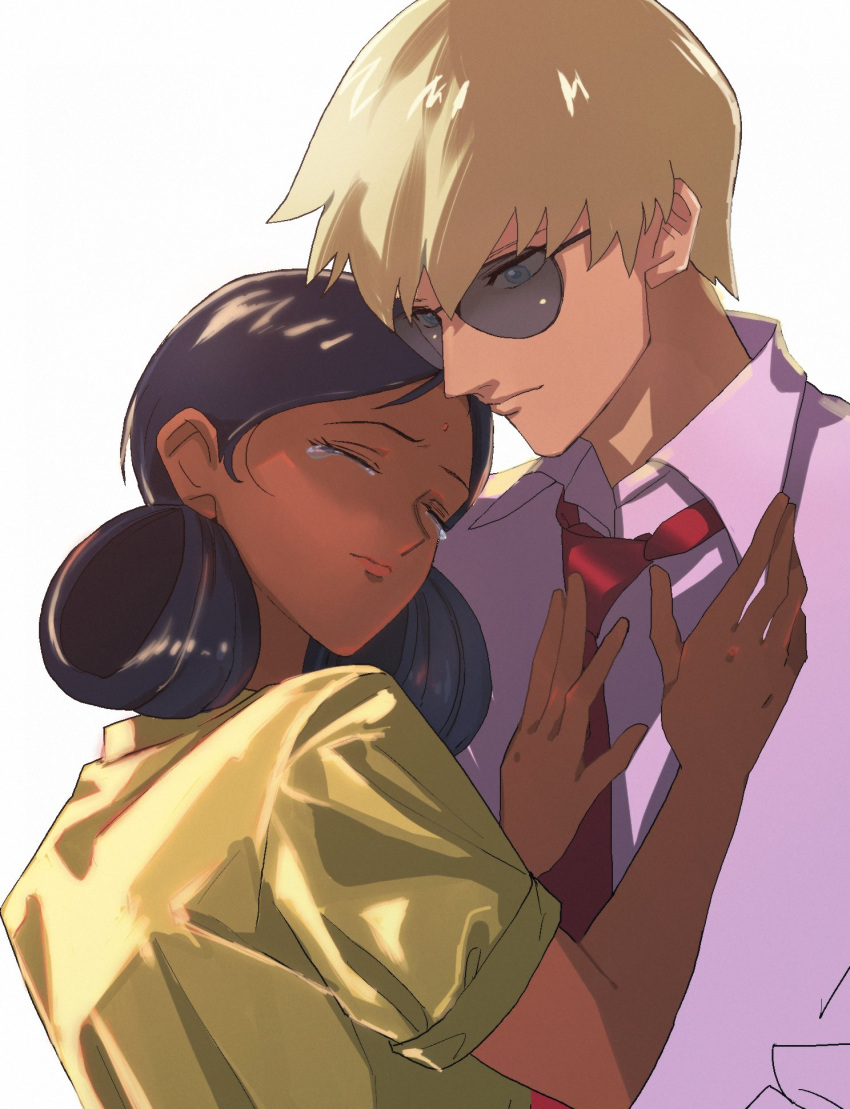 1boy, 1girl, bindi, black_hair, blonde_hair, blue_eyes, char_aznable, closed_eyes