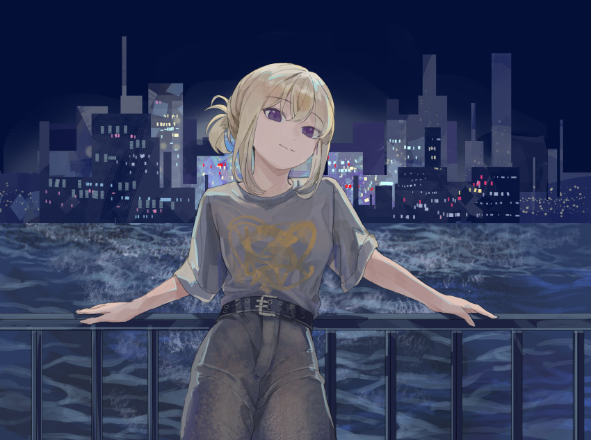 1girl, absurdres, bang_dream!, bang_dream!_it's_mygo!!!!!, belt, black_belt, blacky1266859, blonde_hair, closed_mouth, commentary, grey_shirt, grey_shorts, hashtag-only_commentary, highres, looking_at_viewer, medium_hair, misumi_uika, night, ponytail, railing, shirt, short_ponytail, short_sleeves, shorts, sidelocks, solo, violet_eyes