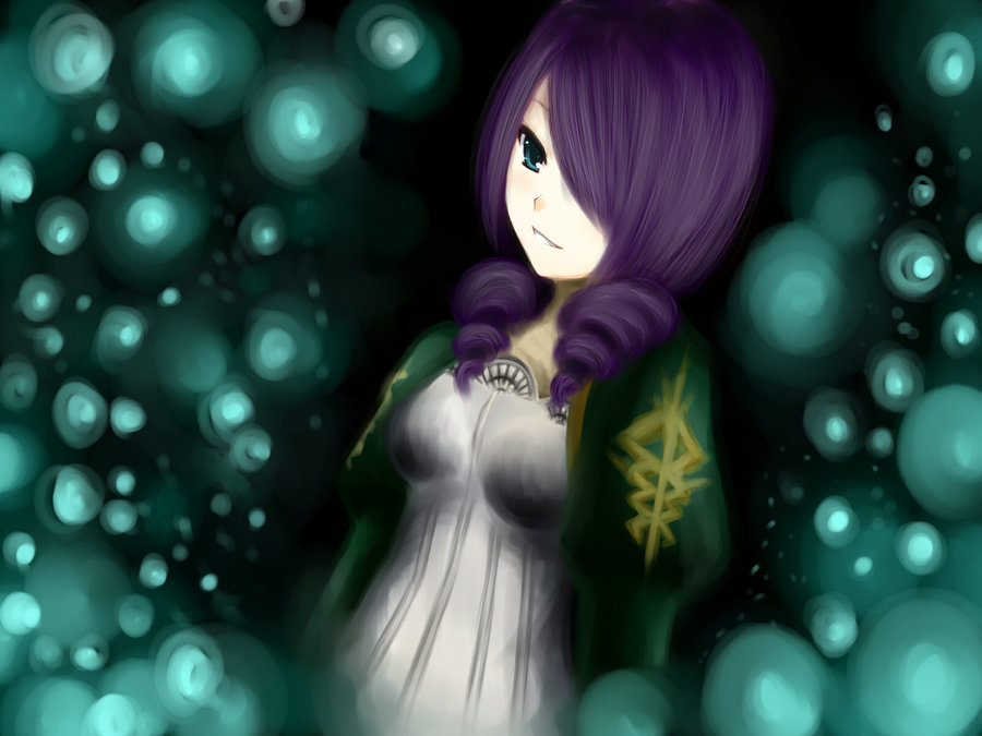 1girl, blue_eyes, capcom, daniella, daniellas-wife, demento, drill_hair, hair_over_one_eye, maid, parted_lips, purple_hair, smile, solo, twin_drills