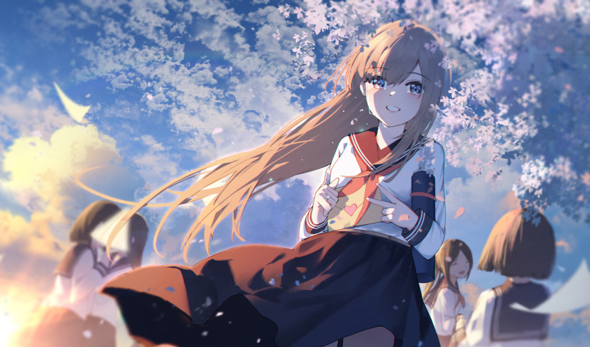 5girls, black_sailor_collar, black_skirt, blue_eyes, blue_sky, blurry_edges, blush, brown_hair, cherry_blossoms, clenched_hand, commentary_request, cowboy_shot, crying, crying_with_eyes_open, diploma_tube, dutch_angle, evening, falling_petals, floating_clothes, floating_hair, flying_paper, graduation, grin, hair_over_shoulder, highres, jewelry, long_hair, long_sidelocks, long_skirt, long_sleeves, love_letter, multiple_girls, neckerchief, orange_clouds, original, paper, parted_bangs, petals, red_lips, red_neckerchief, ring, sailor_collar, shirt, sidelocks, skirt, sky, smile, solo_focus, standing, straight_hair, streaming_tears, sun, sunset, tears, v, very_long_hair, white_shirt, wvmao