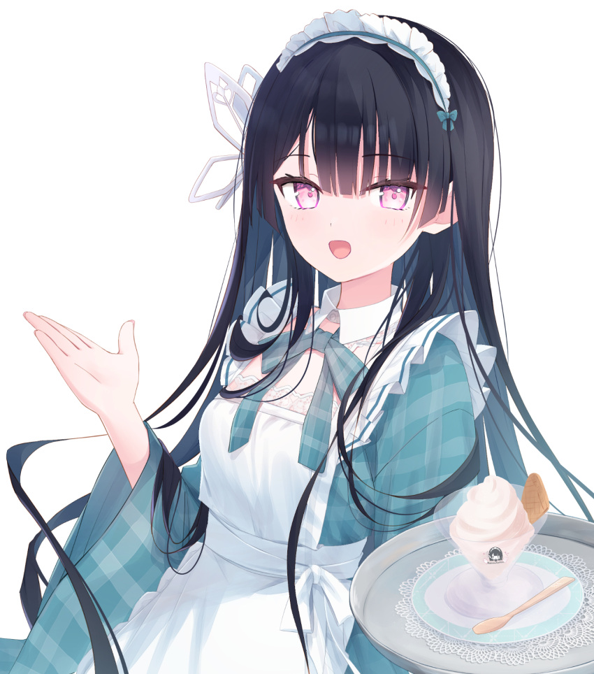 1girl, :d, apron, black_hair, blue_bow, blue_hairband, blue_kimono, bow, breasts, commentary_request, food, frilled_apron, frilled_hairband, frills, hairband, hand_up, highres, humuyun, ice_cream, japanese_clothes, kimono, long_sleeves, looking_at_viewer, original, pink_eyes, plaid_bow, plaid_clothes, plaid_kimono, plate, simple_background, small_breasts, smile, solo, spoon, tray, wafer_stick, white_apron, white_background, wide_sleeves