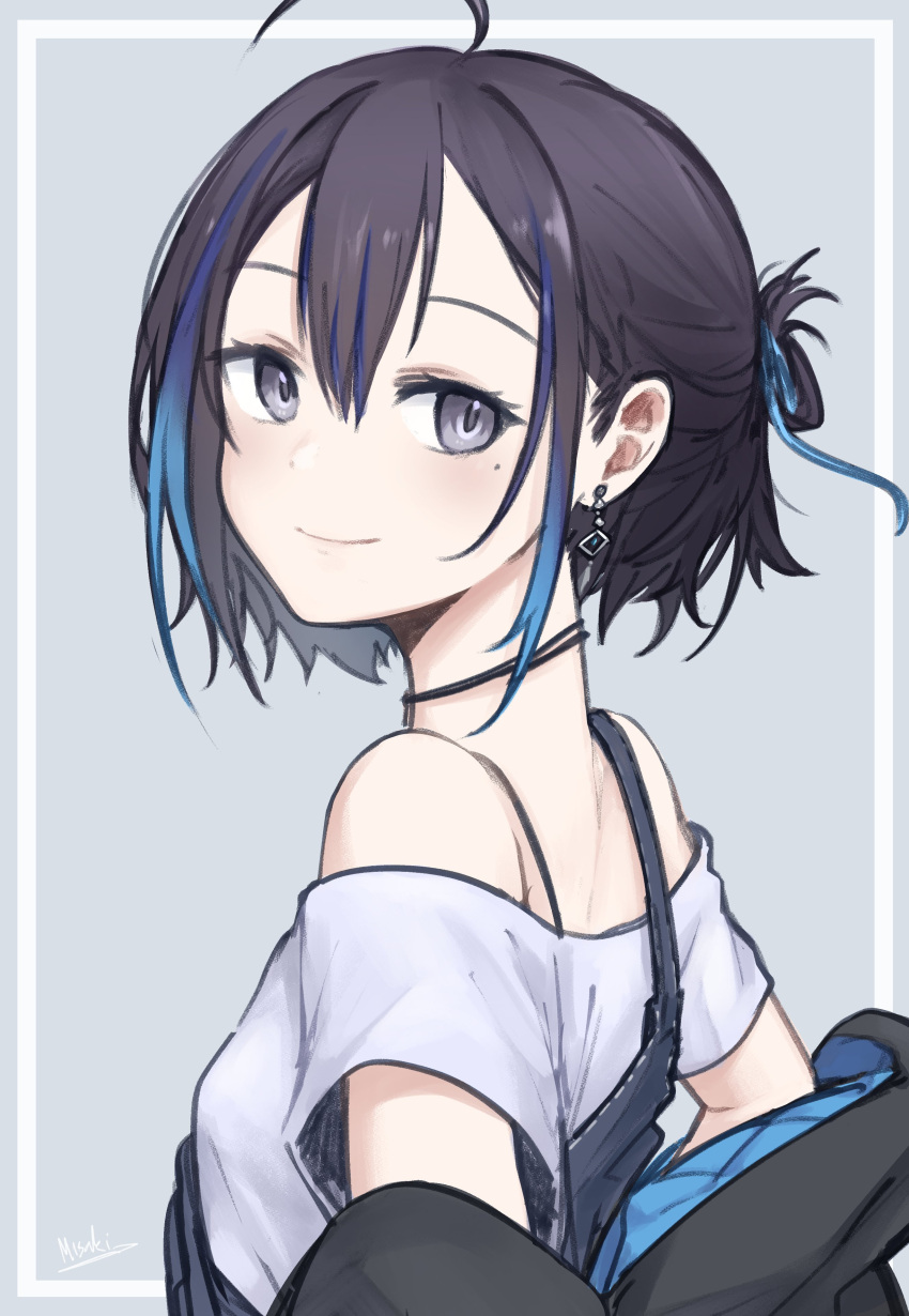 1girl, absurdres, artist_name, black_hair, black_jacket, blue_hair, closed_mouth, earrings