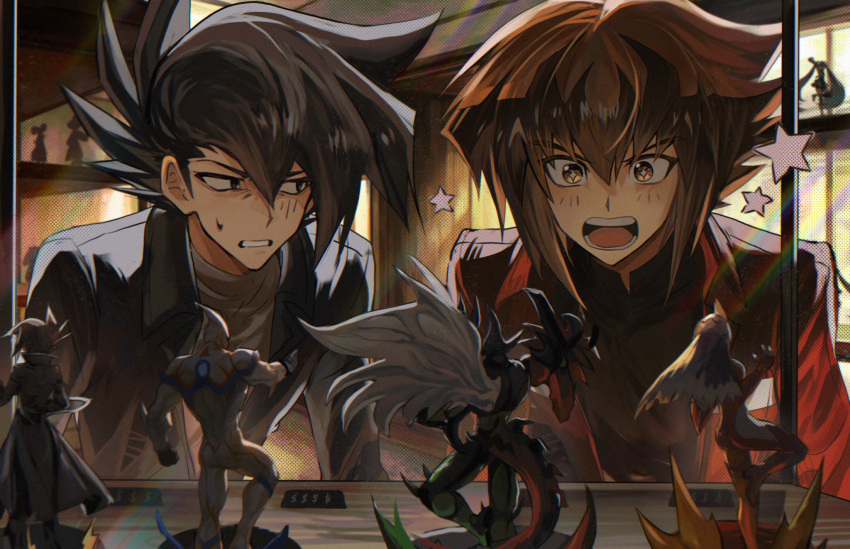 2boys, black_hair, black_jacket, blush, brown_eyes, brown_hair, cerakuro, duel_academy_uniform_(yu-gi-oh!_gx)