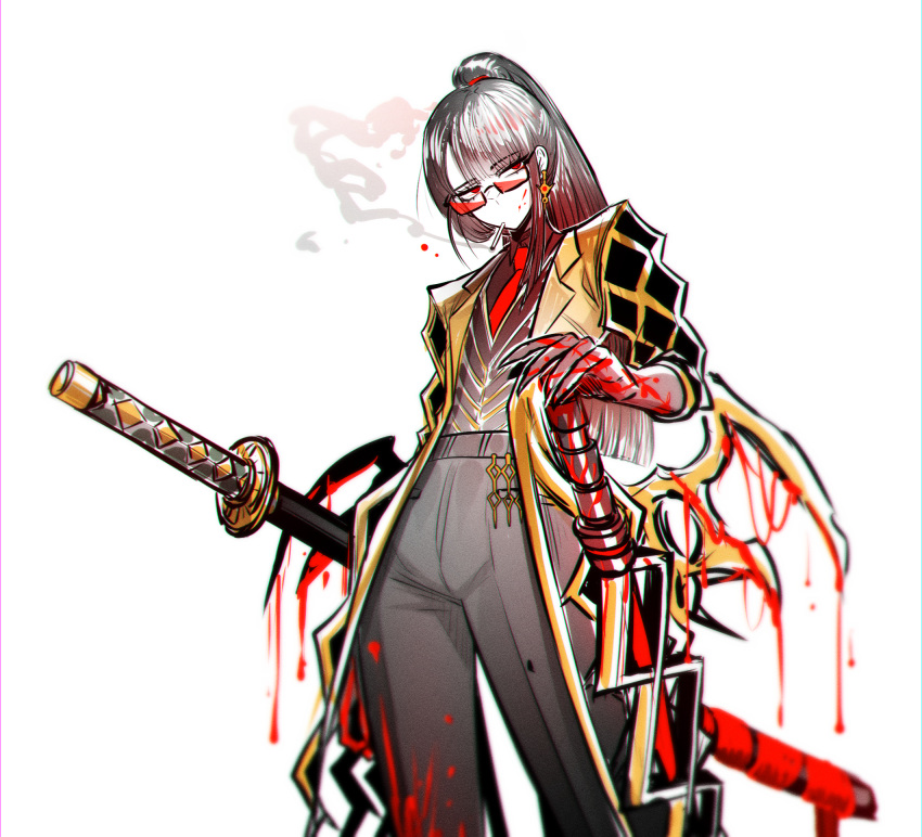 1girl, bespectacled, black_hair, black_pants, black_shirt, black_vest, blood, blood_on_face