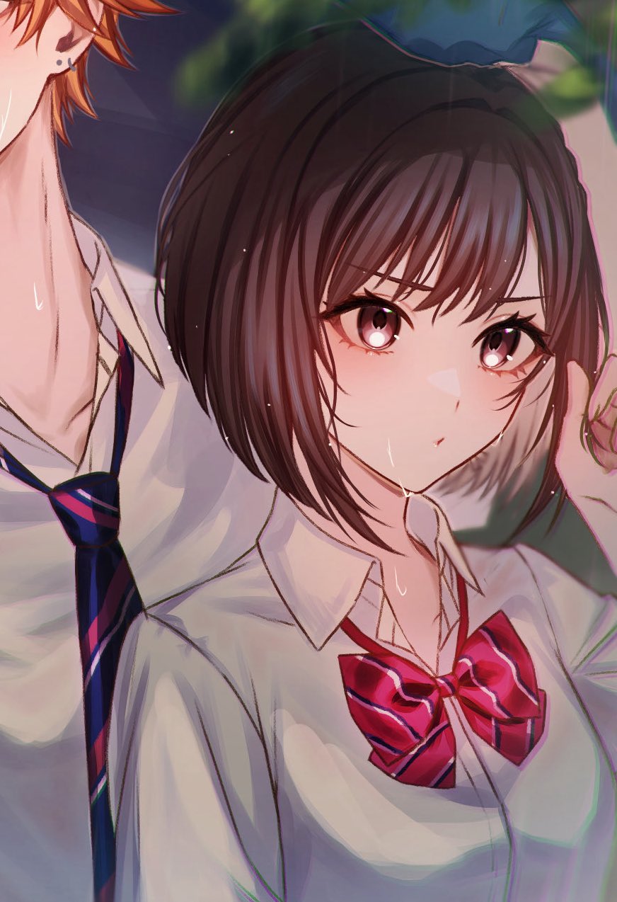 1boy, 1girl, blue_necktie, blurry, bob_cut, bow, bowtie, brother_and_sister, brown_hair, closed_mouth, collared_shirt, commentary, depth_of_field, diagonal-striped_bow, diagonal-striped_bowtie, diagonal-striped_clothes, diagonal-striped_necktie, earrings, fingernails, hair_between_eyes, hand_up, highres, inverted_bob, jewelry, kamiyama_high_school_uniform_(project_sekai), looking_ahead, necktie, nhrg806, night, orange_hair, outdoors, pout, project_sekai, rain, red_bow, red_bowtie, school_uniform, shinonome_akito, shinonome_ena, shirt, short_hair, siblings, solo_focus, striped_clothes, symbol-only_commentary, wet, white_shirt