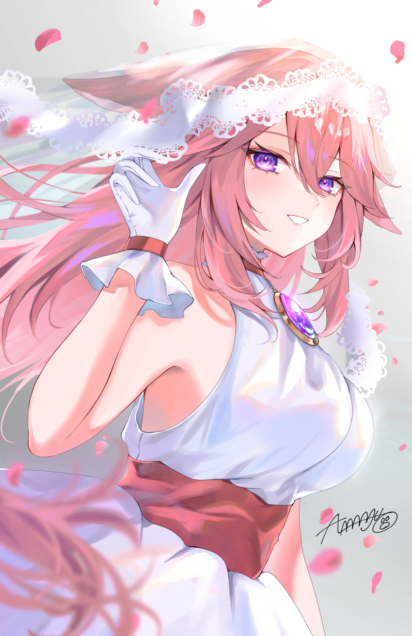 1girl, absurdres, almanju, bare_shoulders, blush, breasts, commentary, dress, gem, genshin_impact, gloves, hair_between_eyes, hand_up, highres, large_breasts, long_hair, looking_at_viewer, pink_hair, purple_gemstone, sleeveless, sleeveless_dress, solo, symbol-only_commentary, veil, very_long_hair, violet_eyes, white_dress, white_gloves, white_veil, yae_miko