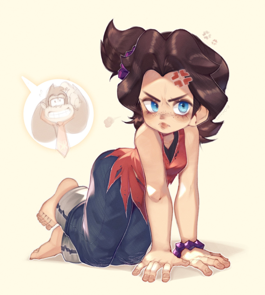 1girl, absurdres, anger_vein, barefoot, blue_eyes, blue_pants, bracelet, brown_hair