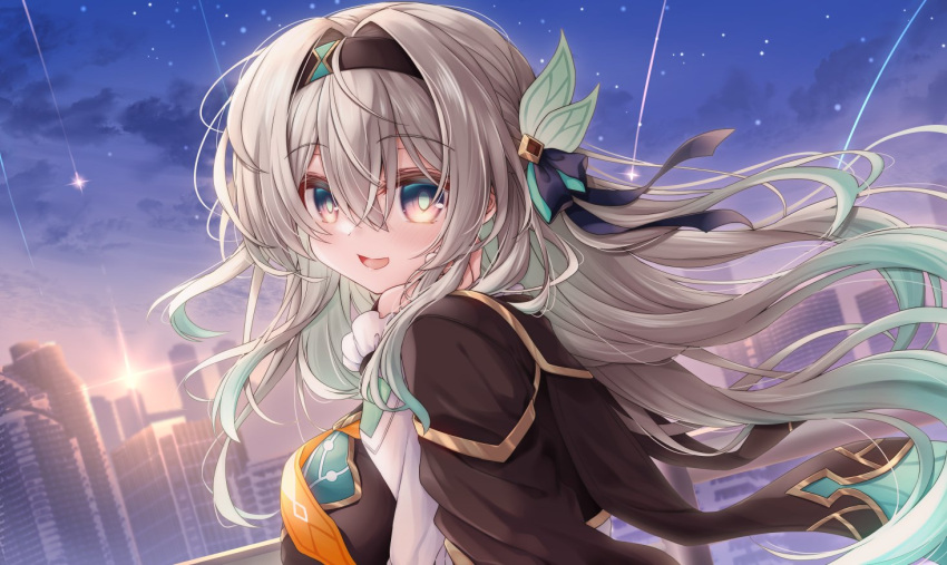 1girl, black_hairband, blue_ribbon, blush, brown_jacket, cityscape, firefly_(honkai:_star_rail), frilled_sleeves, frills, gradient_hair, green_pupils, grey_hair, hair_between_eyes, hair_intakes, hair_ornament, hair_ribbon, hairband, honkai:_star_rail, honkai_(series), jacket, kagura_nanaki, long_sleeves, looking_back, multicolored_eyes, multicolored_hair, neckerchief, open_mouth, orange_neckerchief, ribbon, shooting_star, smile, solo, star_(symbol), two-tone_eyes, white_sleeves