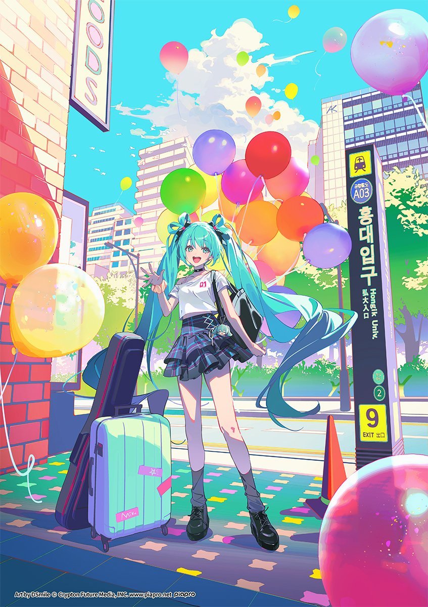 1girl, balloon, black_shoes, building, choker, dsmile, green_eyes, green_hair