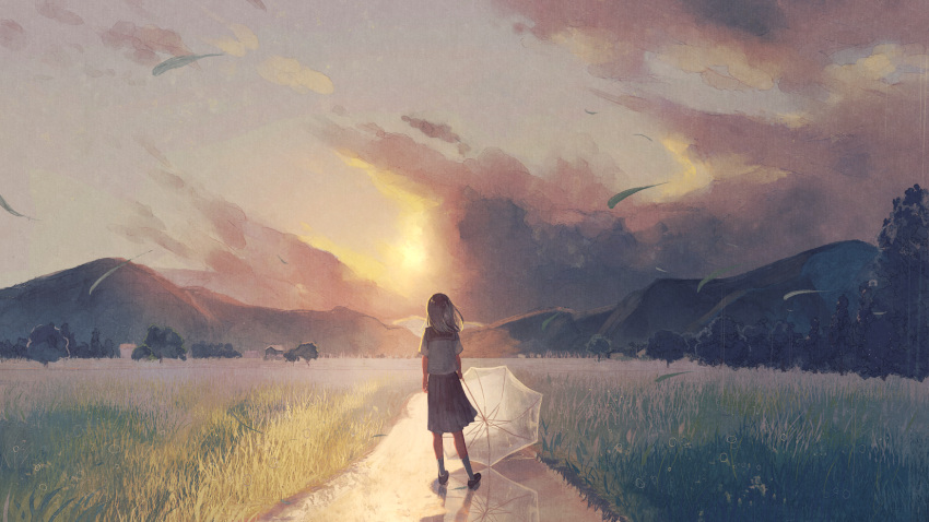 1girl, arms_at_sides, black_shoes, blue_sailor_collar, blue_skirt, building, clouds, cloudy_sky