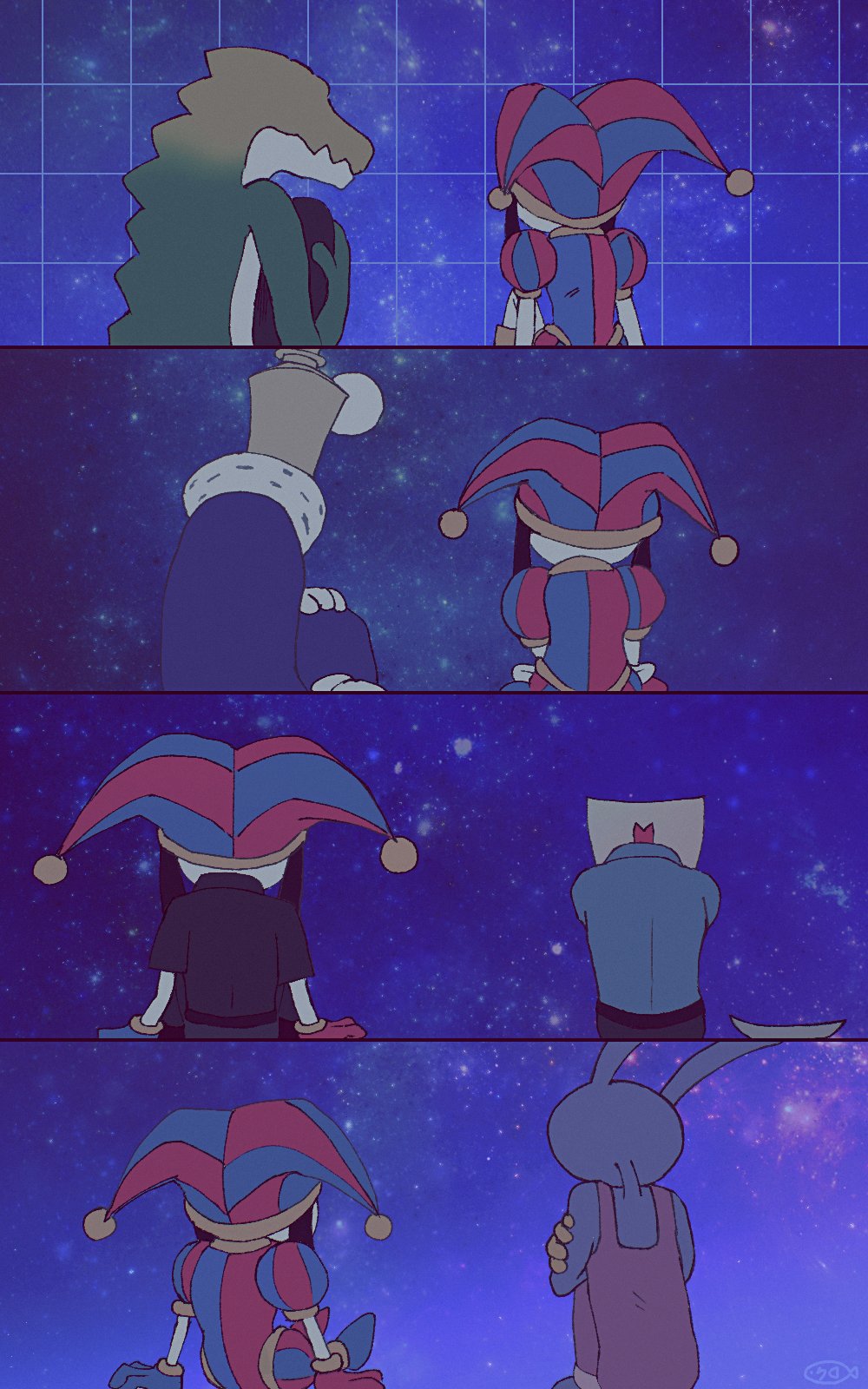2girls, 3boys, cowboy_hat, crocodile_boy, english_commentary, from_behind, gangle_(the_amazing_digital_circus), grid