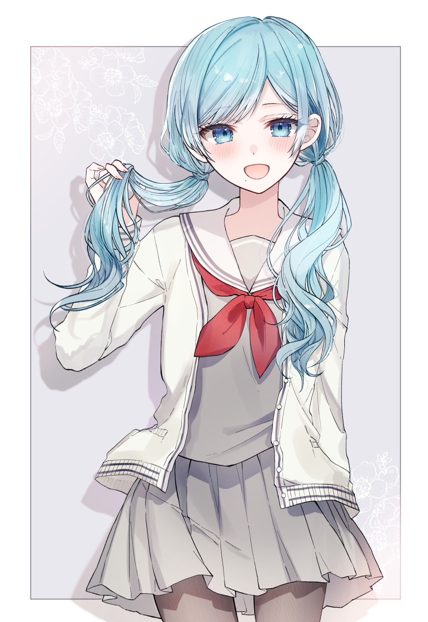1girl, absurdres, alternate_hairstyle, blue_eyes, blue_hair, cardigan, chase_my_ideal_idol!_(project_sekai), commentary, grey_shirt, grey_skirt, highres, hinomori_shizuku, holding, holding_own_hair, long_hair, long_sleeves, mairu003, miyamasuzaka_girls'_academy_school_uniform, mole, mole_under_mouth, neckerchief, official_alternate_hairstyle, open_mouth, pantyhose, project_sekai, red_neckerchief, sailor_collar, school_uniform, serafuku, shirt, simple_background, skirt, smile, solo, twintails, white_sailor_collar