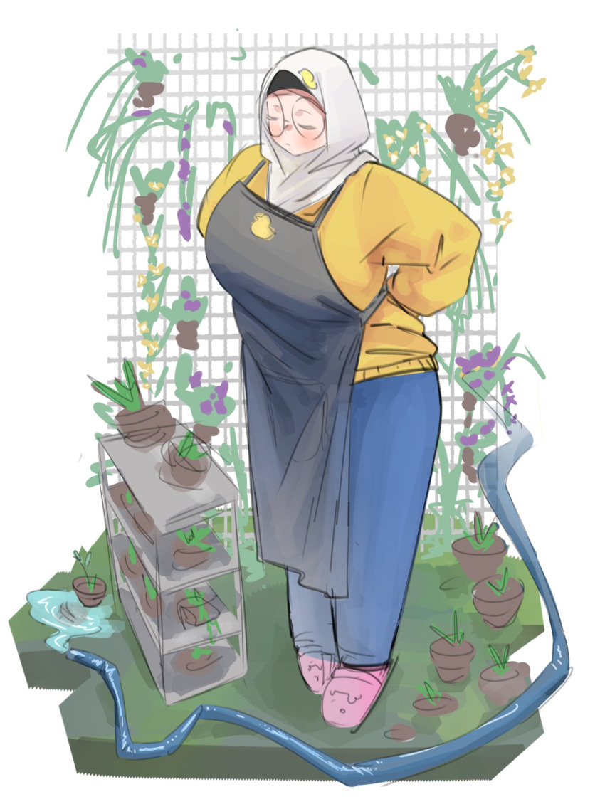 1girl, alv4febrian, ayuu_(alv4febrian), blue_pants, breasts, closed_eyes, glasses, grass