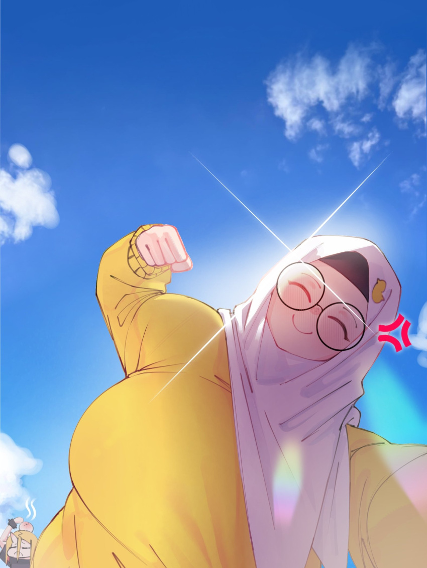 2girls, alv4febrian, anger_vein, ayuu_(alv4febrian), blue_sky, closed_eyes, clouds, day