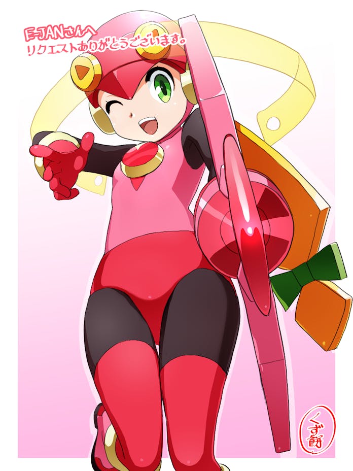 1girl, artist_request, blonde_hair, bodysuit, commission, gloves, green_eyes, heart, helmet, leotard, long_hair, looking_at_viewer, mega_man_(series), mega_man_battle_network_(anime), mega_man_battle_network_(series), netnavi, one_eye_closed, open_mouth, pink_bodysuit, pink_helmet, pink_leotard, roll.exe_(mega_man), skeb_commission, smile, solo, thigh-highs