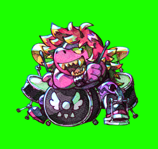 1girl, colored_skin, colored_teeth, deltarune, dinosaur_girl, drum, drum_set, drumsticks, fangs, furry, holding, holding_drumsticks, instrument, jumpingwjoy, multicolored_hair, official_alternate_costume, playing_drum, smile, solo, susie_(dark_world)_(deltarune), susie_(deltarune), susie_(lightners_live)_(deltarune), yellow_teeth