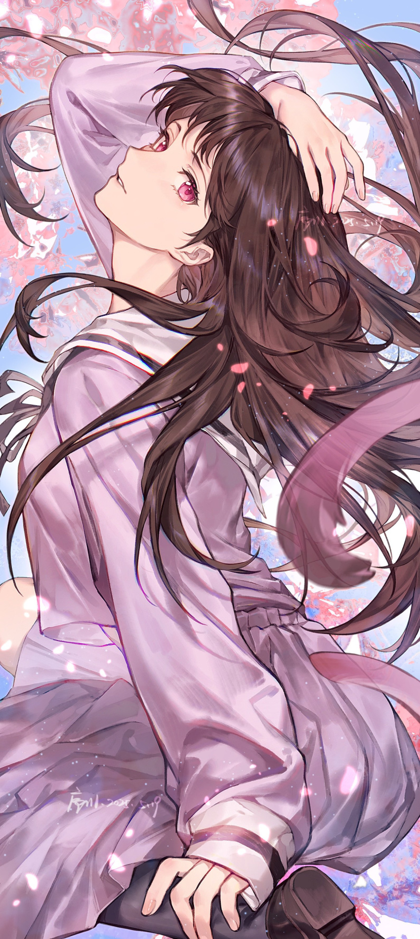 1girl, absurdres, arm_up, artist_name, black_pantyhose, brown_hair, brown_ribbon, commentary_request