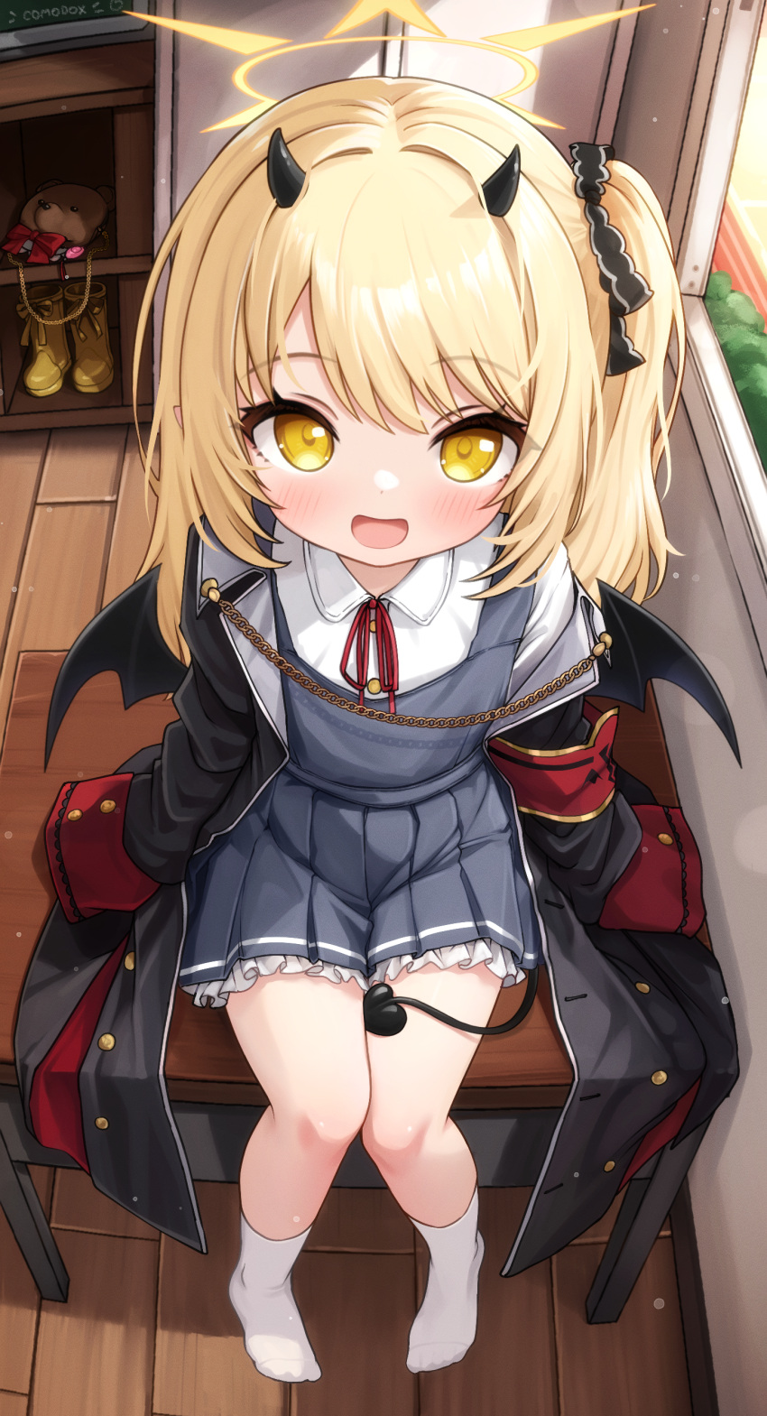 1girl, absurdres, asymmetrical_hair, black_coat, black_horns, black_ribbon, black_tail, black_wings, blonde_hair, blue_archive, blue_dress, classroom, coat, collared_shirt, commentary, comodox, demon_girl, demon_horns, demon_tail, demon_wings, desk, dress, english_commentary, flat_chest, full_body, hair_ribbon, halo, highres, horns, ibuki_(blue_archive), indoors, large_variant_set, long_sleeves, neck_ribbon, on_desk, open_mouth, paid_reward_available, pinafore_dress, red_ribbon, ribbon, shirt, side_ponytail, sitting, sleeveless, sleeveless_dress, sleeves_past_wrists, socks, solo, tail, variant_set, white_shirt, white_socks, wings, yellow_eyes, yellow_halo