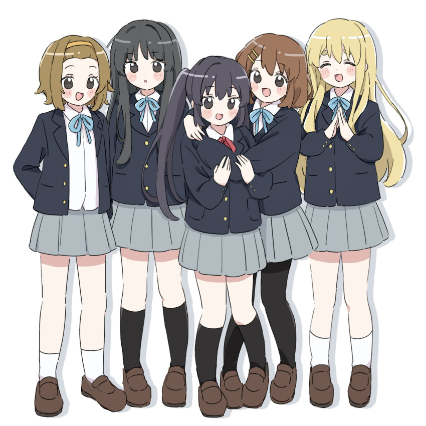 5girls, akiyama_mio, black_eyes, black_hair, black_jacket, black_socks, blazer, blonde_hair, blue_bow, blue_bowtie, blush, bow, bowtie, brown_hair, brown_shoes, cha_(ntrikti), closed_eyes, grey_skirt, happy, highres, hirasawa_yui, jacket, k-on!, kneehighs, kotobuki_tsumugi, long_hair, multiple_girls, nakano_azusa, pleated_skirt, sakuragaoka_high_school_uniform, school_uniform, shoes, short_hair, skirt, socks, tainaka_ritsu, white_background, white_socks