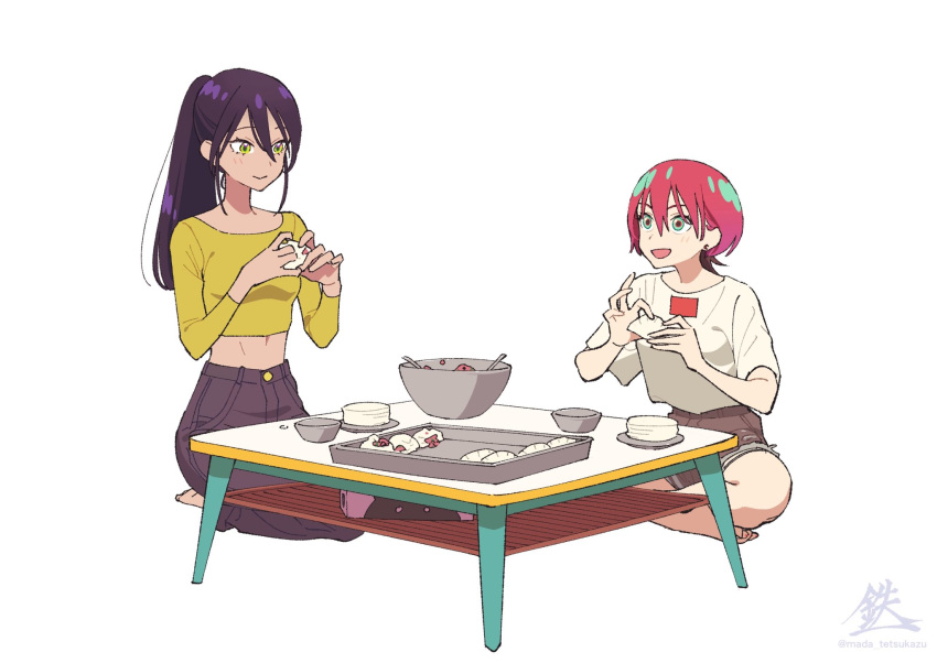 2girls, amate_yuzuriha, black_hair, black_pants, brown_shorts, cooking, denim, gundam