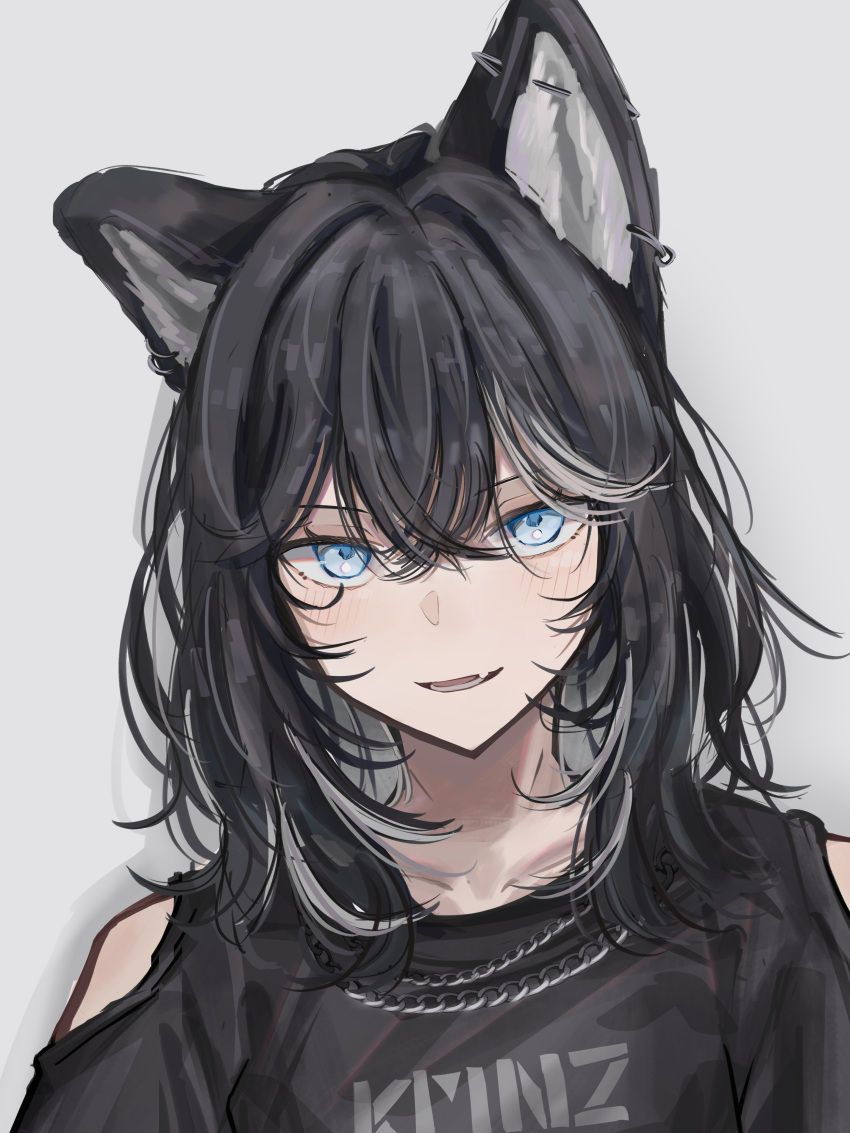 1girl, absurdres, animal_ears, bare_shoulders, black_hair, black_shirt, black_shorts, blue_eyes, close-up, clothing_cutout, collarbone, crop_top, cropped_shirt, crossed_bangs, dog_ears, dog_girl, fang, hair_between_eyes, highres, kmnz, looking_at_viewer, lower_teeth_only, medium_hair, multicolored_hair, nero_(kmnz), no_name_ver1, open_mouth, shirt, shorts, shoulder_cutout, simple_background, solo, streaked_hair, teeth, virtual_youtuber, white_background, white_streaks