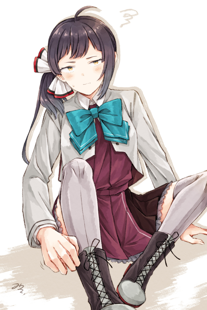 1girl, blue_bow, blue_bowtie, blush, boots, bow, bowtie, closed_mouth