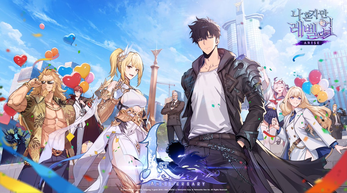 3girls, 5boys, alicia_blanche, amamiya_mirei, anniversary, armor, balloon, black_hair, black_necktie, blonde_hair, blue_eyes, blue_sky, breasts, brown_hair, building, character_request, choi_jong-in, closed_eyes, clouds, collared_shirt, glasses, hands_in_pockets, happy, heart_balloon, igris_(solo_leveling), jacket, jewelry, long_sleeves, looking_at_viewer, medium_breasts, multiple_boys, multiple_girls, muscular, muscular_male, necktie, official_art, open_clothes, open_mouth, open_shirt, outdoors, pants, plume, red_hair, shirt, short_hair, shoulder_armor, sky, smile, solo_leveling, solo_leveling:_arise, suit, sung_jin-woo, thomas_andre, v-shaped_eyebrows, white_shirt