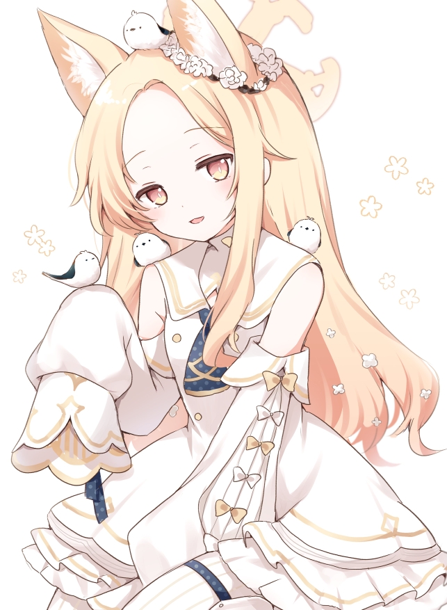 1girl, animal_ear_fluff, animal_ears, bare_shoulders, bird, blonde_hair, blue_archive, blue_necktie, blush, bow, collared_dress, commentary, cross_halo, detached_sleeves, dress, ear_wreath, flower_wreath, fox_ears, fox_girl, halo, hand_up, kokoshira_0510, long-tailed_tit, long_hair, looking_at_viewer, necktie, open_mouth, seia_(blue_archive), short_necktie, simple_background, sleeve_bow, sleeveless, sleeveless_dress, sleeves_past_fingers, sleeves_past_wrists, smile, solo, tit_(bird), upper_body, white_background, white_bow, white_dress, white_sleeves, yellow_bow, yellow_eyes, yellow_halo